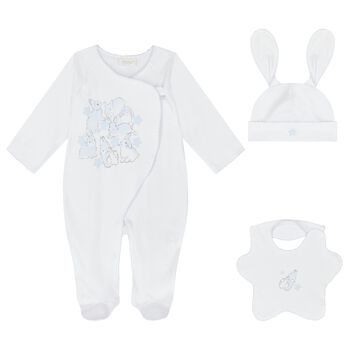 Baby Boys White & Blue Bunny Babygrow Gift Set