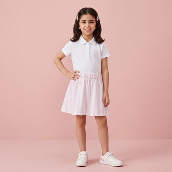 Younger Girls White & Pink Striped Polo Dress