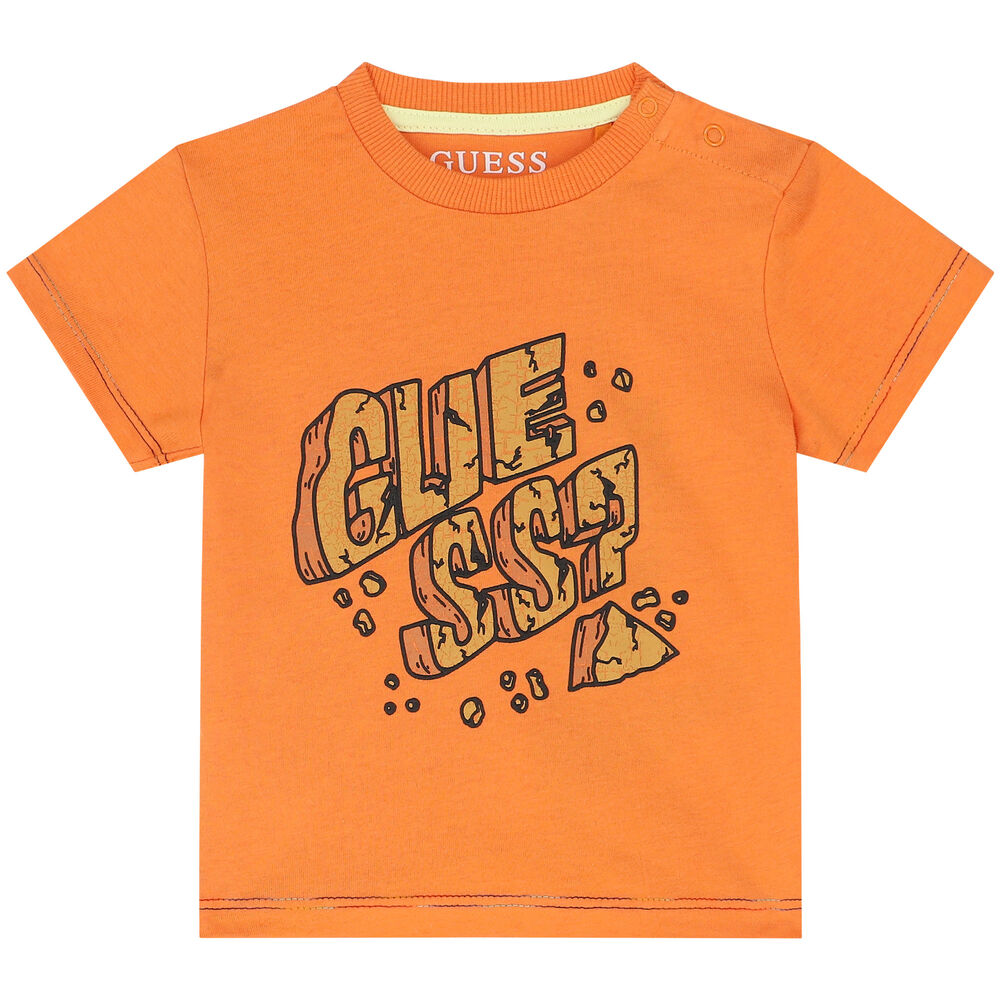 orange and blue guess shirt