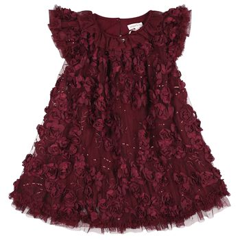 Girls Burgundy 3D Flower & Sequin Ivy Dress