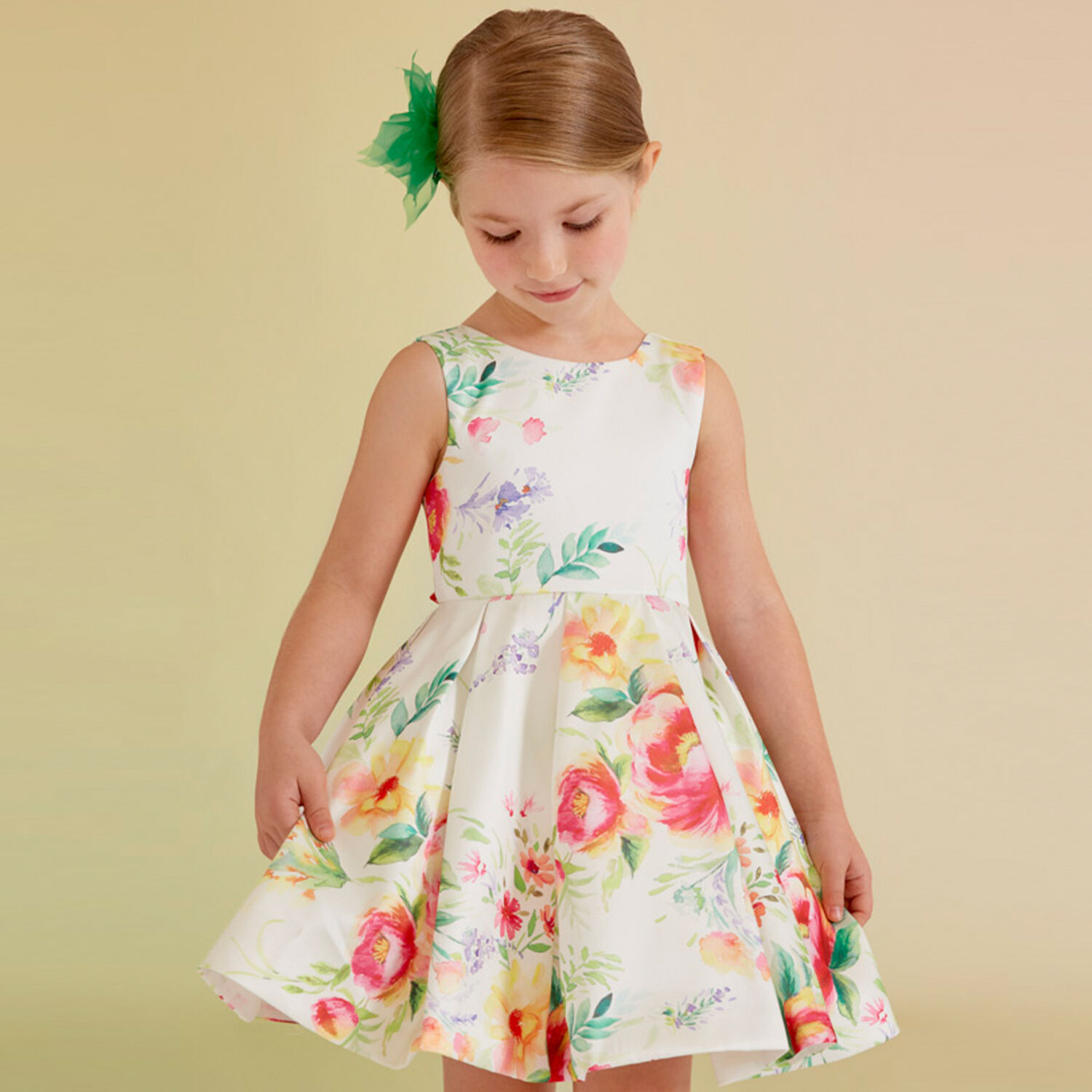 Girls Ivory Floral Satin Dress, 1, hi-res image number null