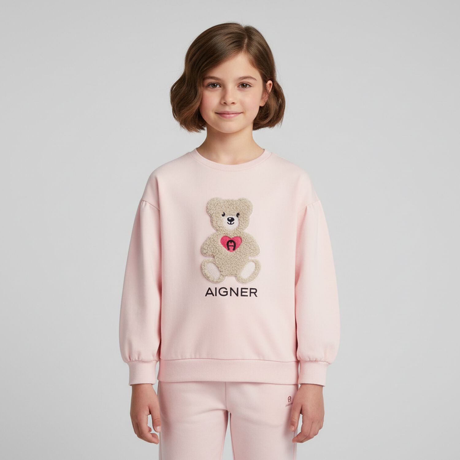 Girls Pink Teddy Bear Logo Sweatshirt, 2, hi-res