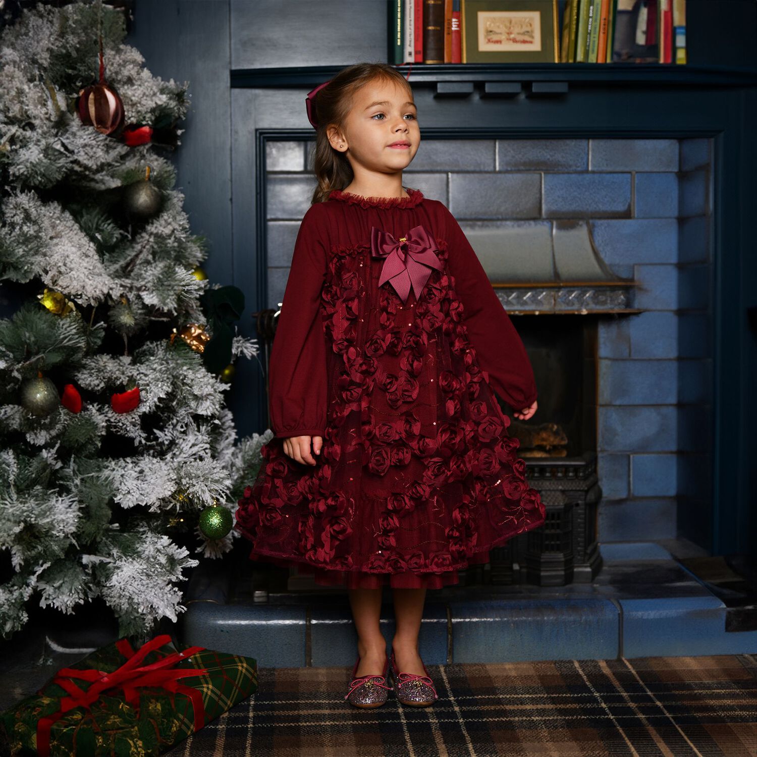 Girls Burgundy 3D Flower & Sequin Tulle Margot Dress, 1, hi-res