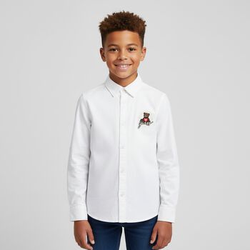 Boys White Teddy Bear Logo Shirt