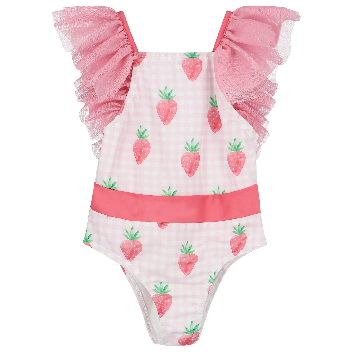 Girls White & Pink Gingham Strawberries Swimsuit, 3, hi-res image number null
