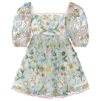 Girls White & Green Embroidered Tulle Dress