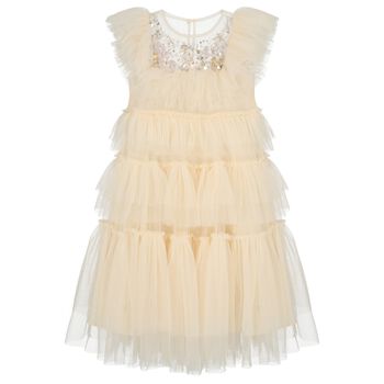 Girls Beige Sequin Tulle Dress