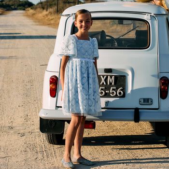 Girls Blue & White Embroidered Tulle Dress