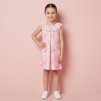 Girls Pink Bow Broderie Anglaise Dress