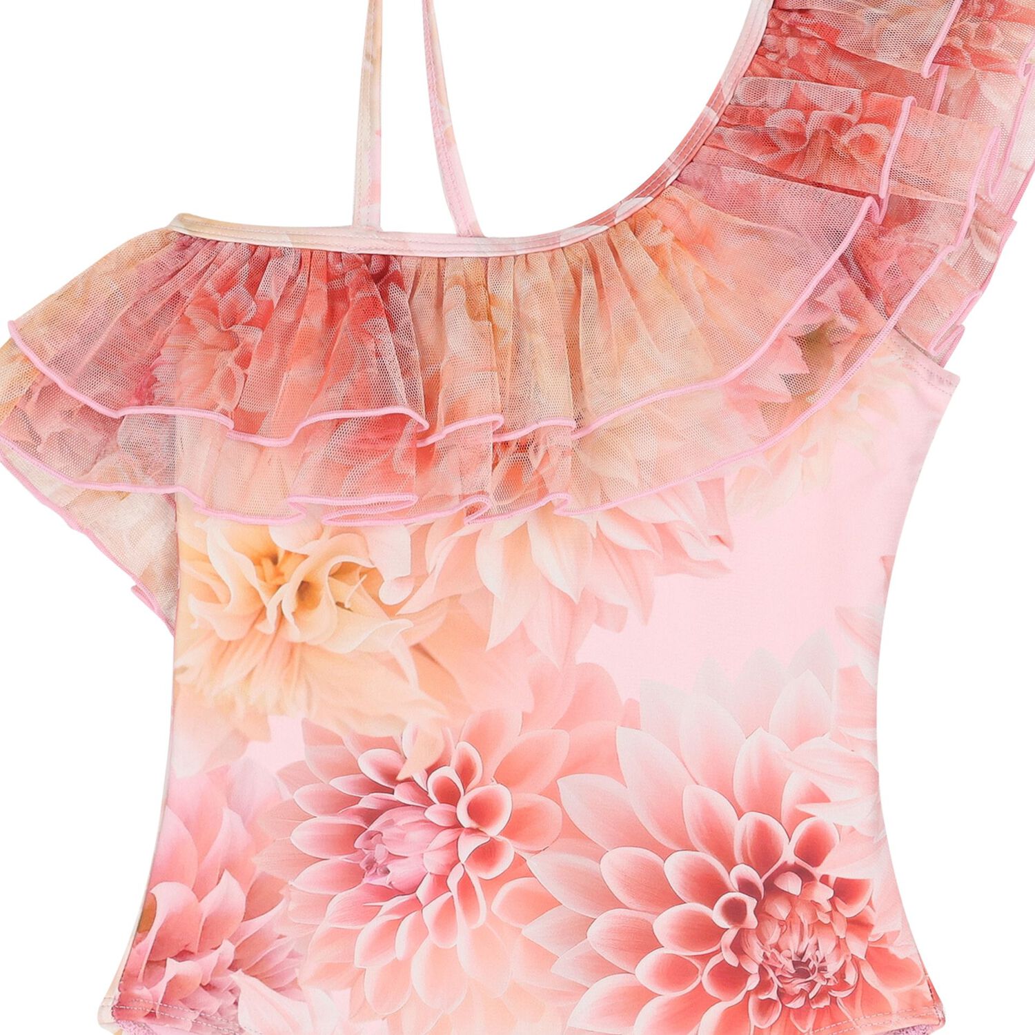 Girls Orange Floral Ruffle Swimsuit (UPF50+), 2, hi-res image number null