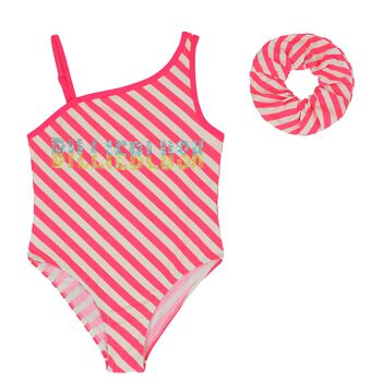 Girls White & Pink Striped Logo Swimsuit