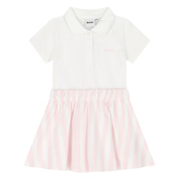 Younger Girls White & Pink Striped Polo Dress