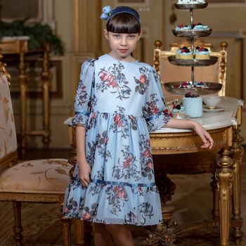 Girls Blue Floral Chiffon Dress