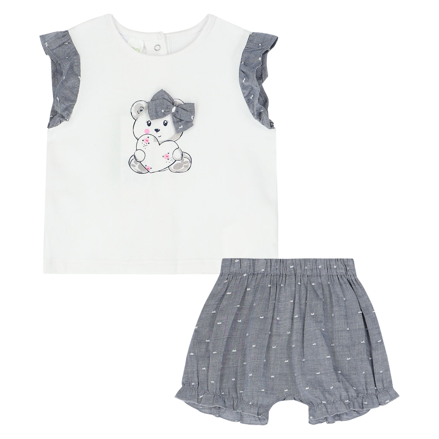 طقم شورت باللون الأبيض والأزرق للبنات, 1, hi-res