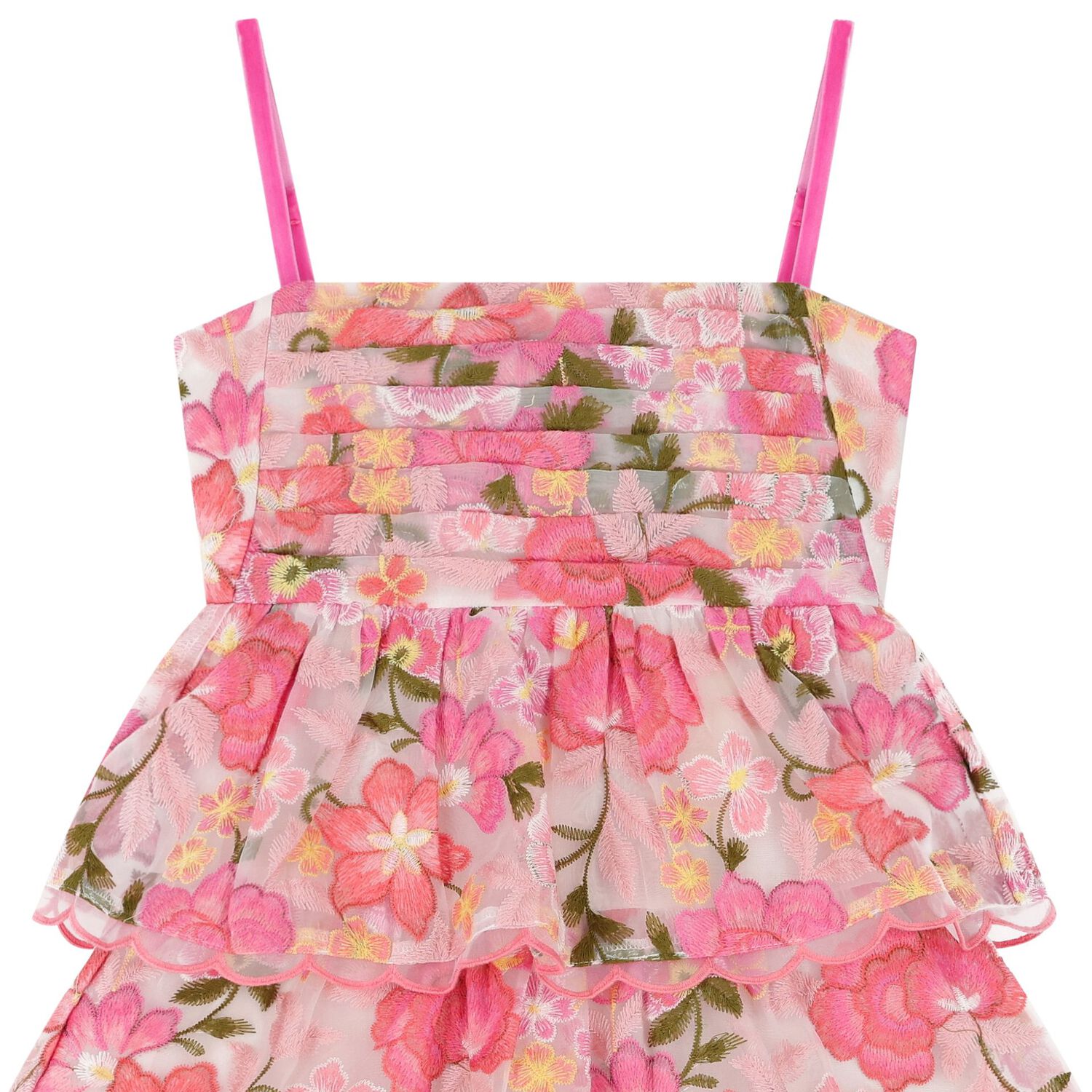 Girls Pink Floral Embroidered Organza Dress, 1, hi-res