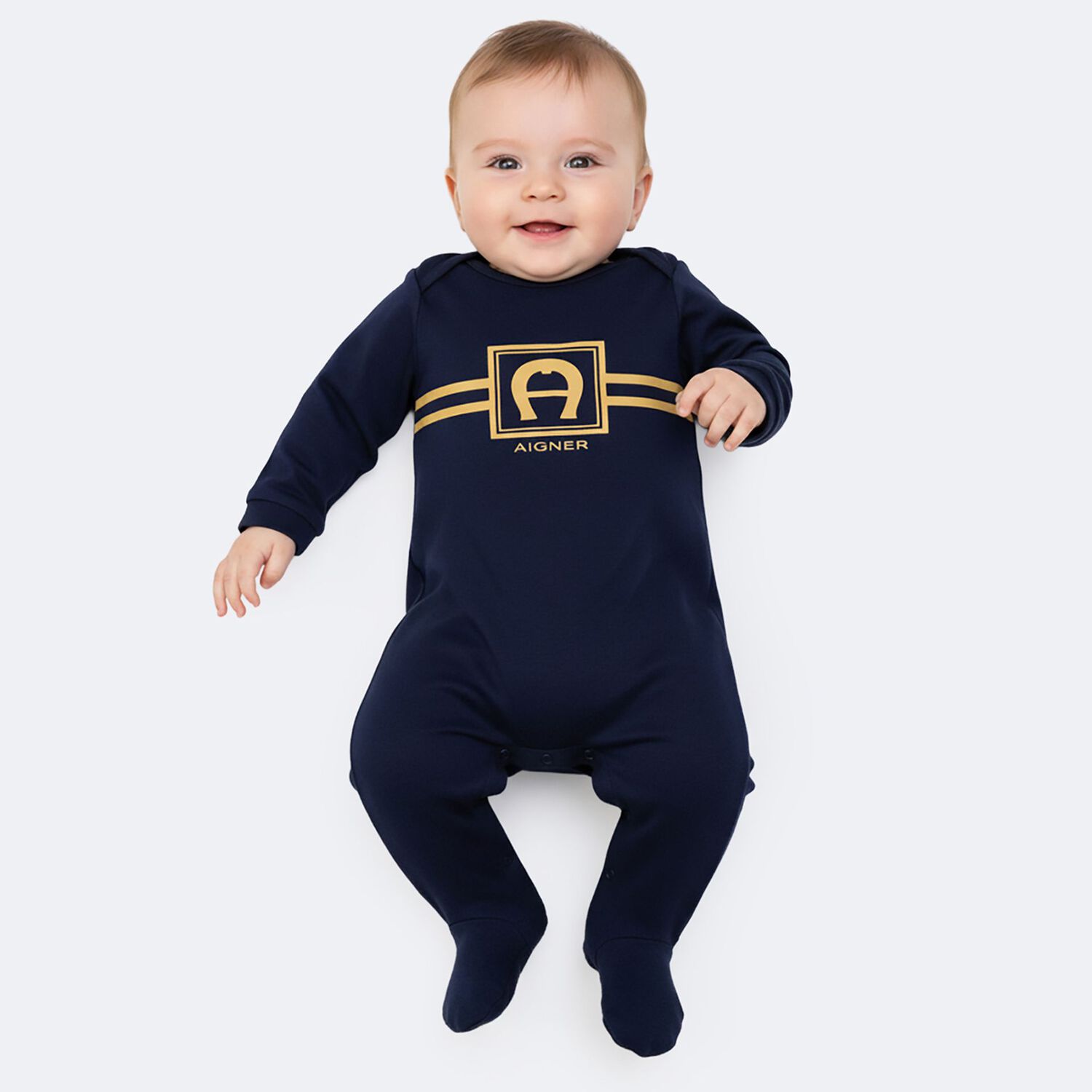 Baby Boys Navy Blue & Gold Logo Romper, 2, hi-res