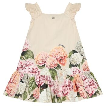 Girls Beige Floral Striped Dress