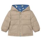 Younger Boys Beige & Blue Race Car Reversible Puffer Jacket, 1, hi-res