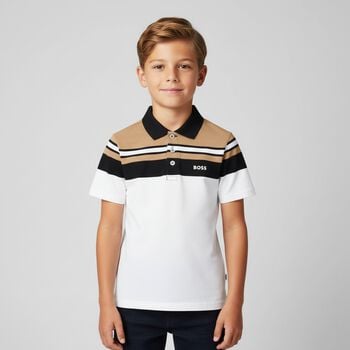 Boys White, Black & Beige Logo Polo Shirt