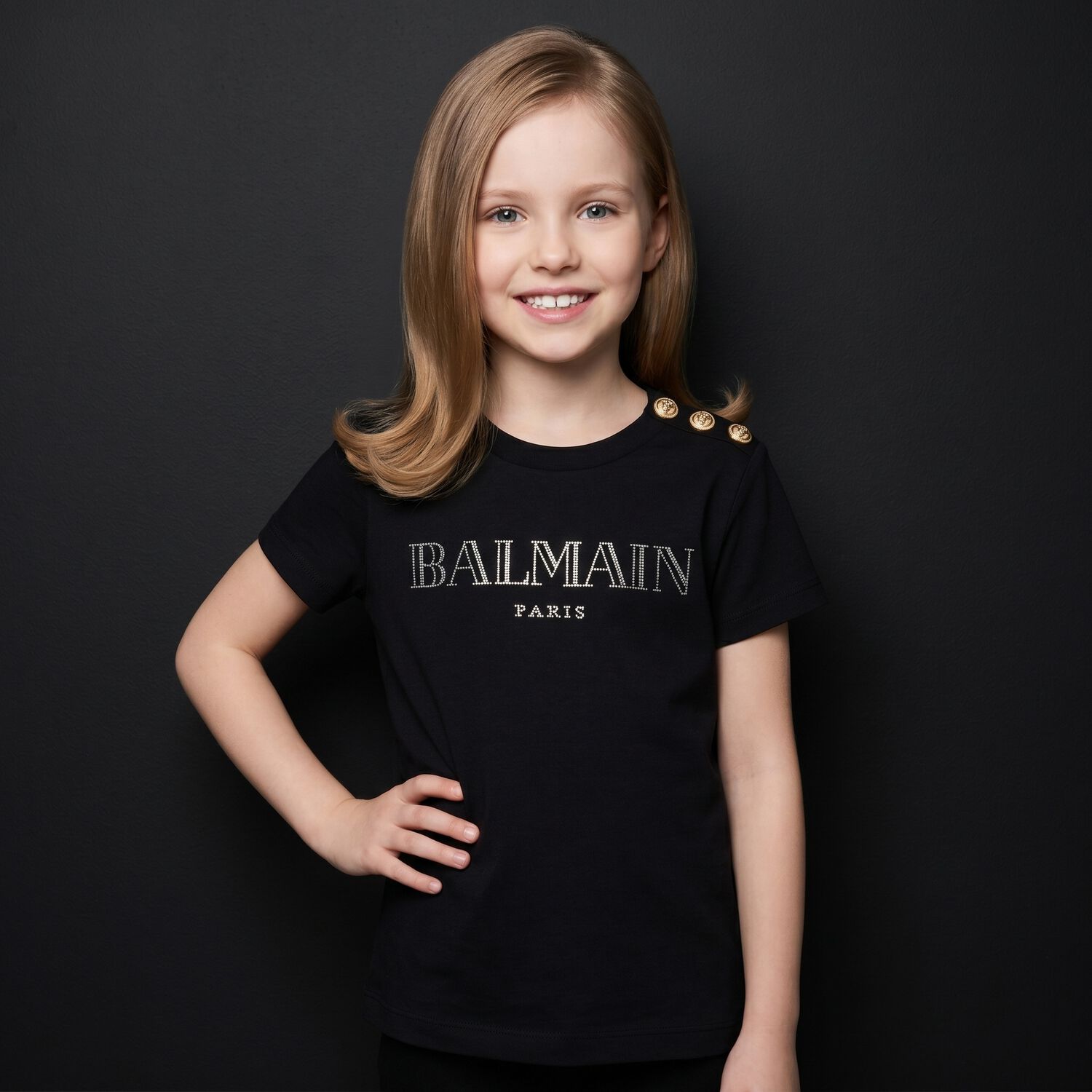 Girls Black Rhinestone Logo T-Shirt , 1, hi-res