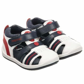 Younger Boys White & Navy Blue Leather Shoes
