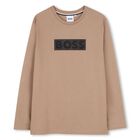 Boys Beige Logo Long Sleeve Top, 1, hi-res