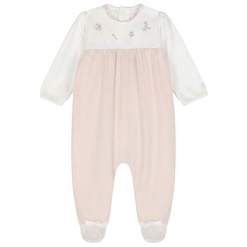 بدلة للبنات مزينة بنقوش زهور باللون الأبيض والبيج