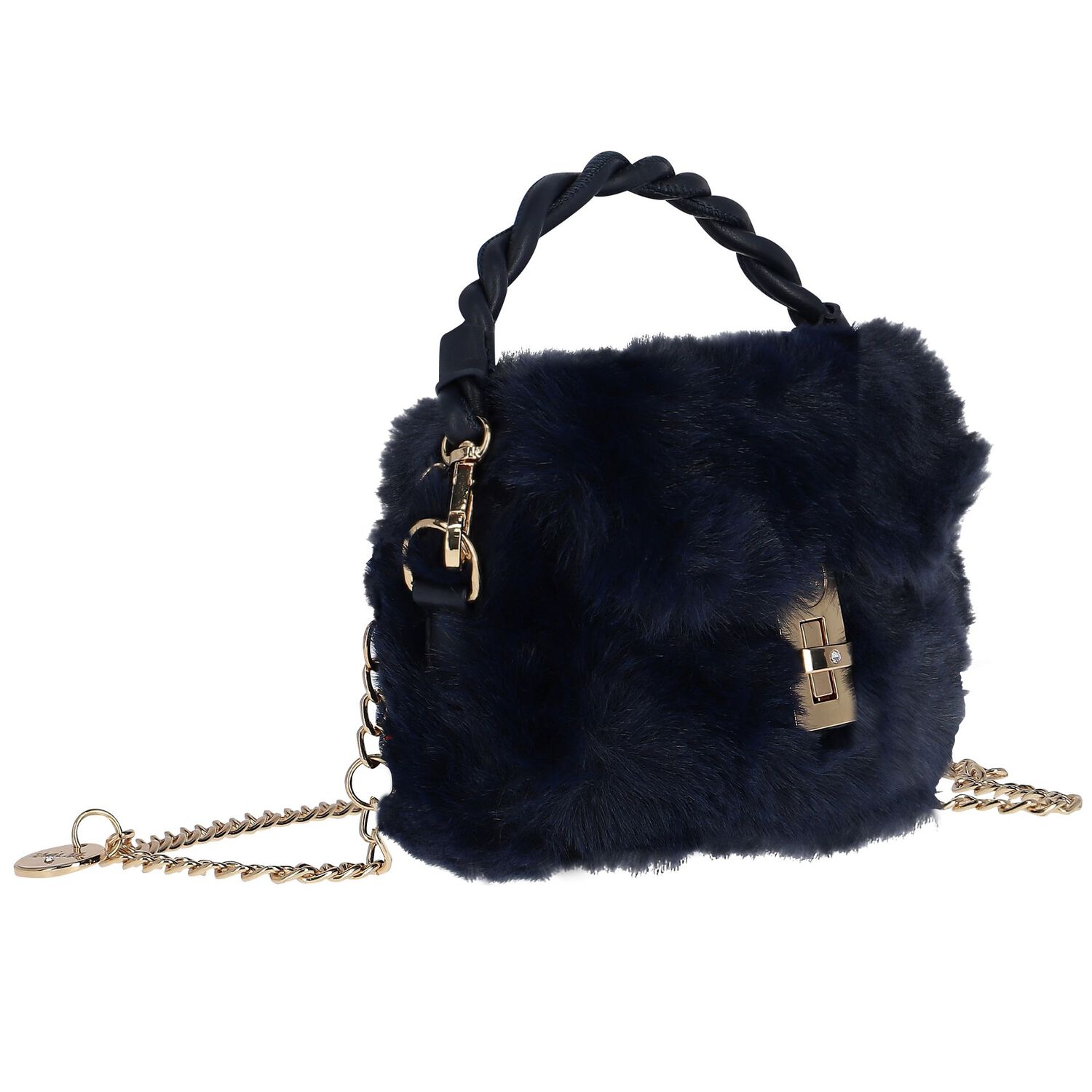 Girls Navy Blue Faux Fur Handbag, 2, hi-res image number null