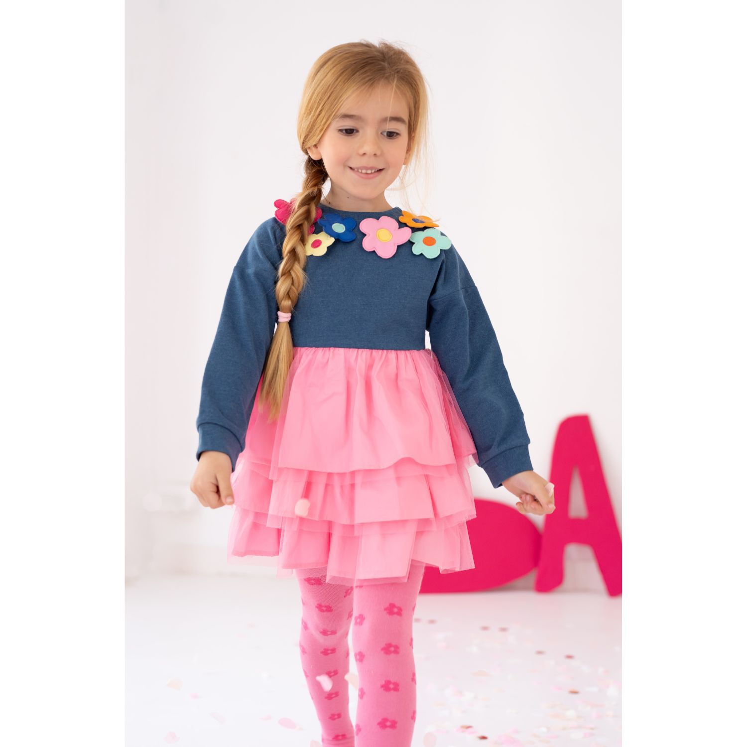 Girls Blue & Pink Flower Dress Set, 1, hi-res image number null