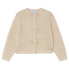 Girls Beige Bow Knitted Cardigan , 1, hi-res