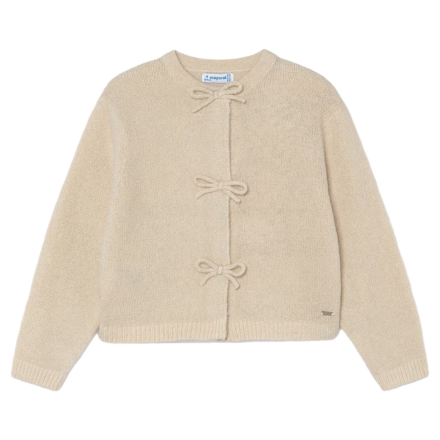 Girls Beige Bow Knitted Cardigan , 1, hi-res