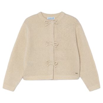 Girls Beige Bow Knitted Cardigan 