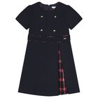 Girls Navy Blue Tartan Dress, 1, hi-res