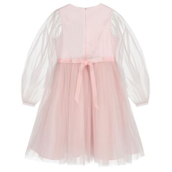 Girls Pink Sheer Sleeves Tulle Dress