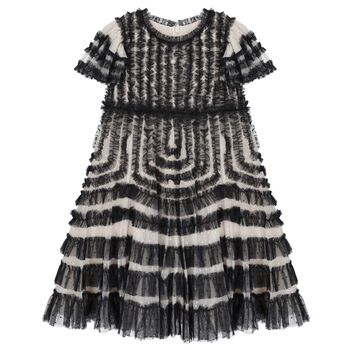 Girls Black & Beige Ruffled Tulle Dress