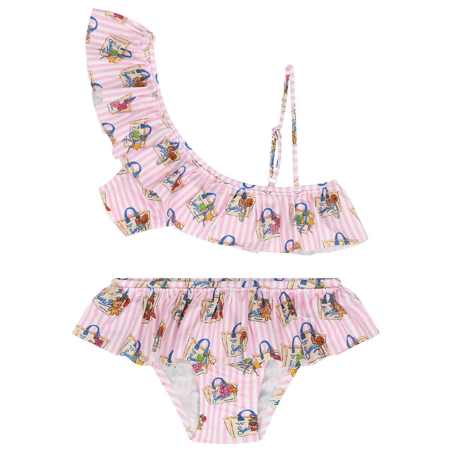 Girls White & Pink Ruffled Striped Bikini, 1, hi-res