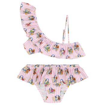 Girls White & Pink Ruffled Striped Bikini