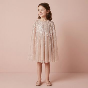 Girls Beige Sequinned Tulle Cape Dress