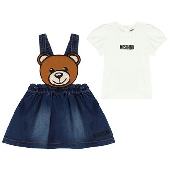 Younger Girls White & Blue Teddy Bear Skirt Set