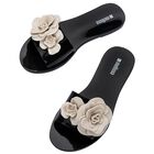 Girls Black & Beige Logo Flower Flip Flops, 1, hi-res