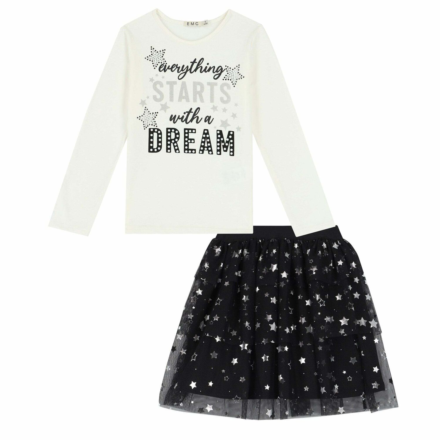 Girls Ivory Top & Black Tulle Skirt Set, 1, hi-res