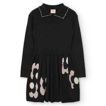 Girls Black Flower Knitted Dress