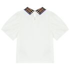 Girls White Check Polo Shirt, 1, hi-res