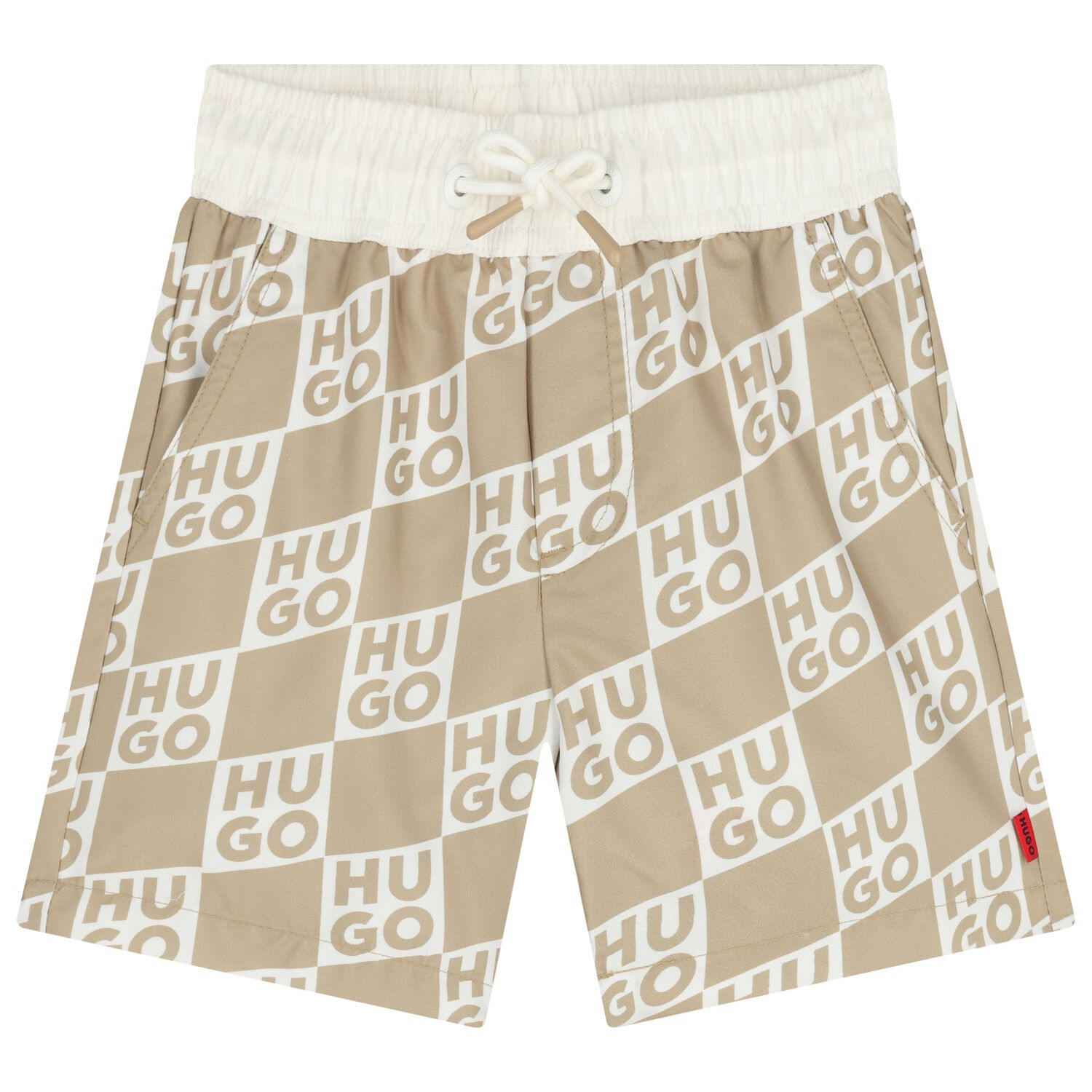 Boys Beige & White Check Logo Swim Shorts, 1, hi-res