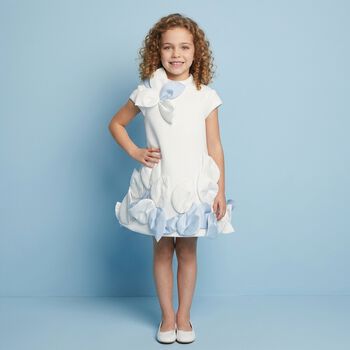 Girls White & Blue 3D Petal Dress