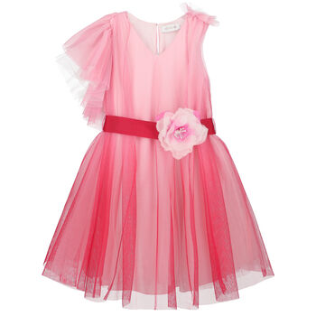 فستان بنات تول بكشكش باللون الزهري