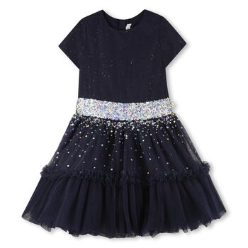Girls Navy Blue Embellished Tulle Dress