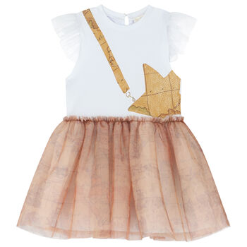 Girls White & Beige Geo Map Dress