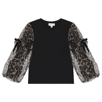 Girls Black Leopard Tulle Long Sleeve Top