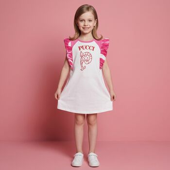 Girls White & Pink Logo Ruffled Dress
